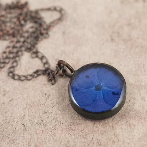 $65 - Real Hydrangea Petal, preserved in a handmade copper bezel.