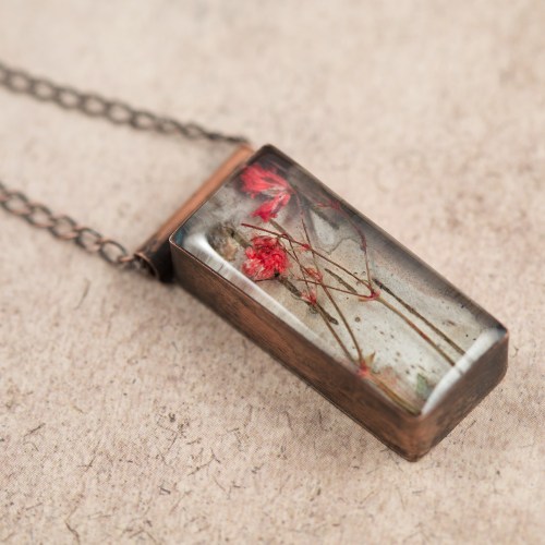 $55 - Real Baby’s Breath and birch bark, preserved in a handmade copper bezel.