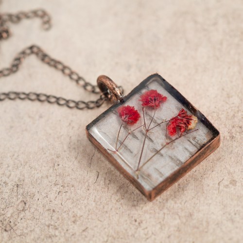 $55 - Real Baby’s Breath and birch bark, preserved in a handmade copper bezel.
