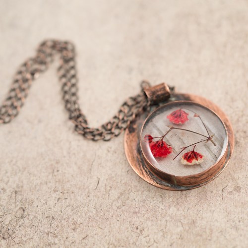 $55 - Real Baby’s Breath and birch bark, preserved in a handmade copper bezel.